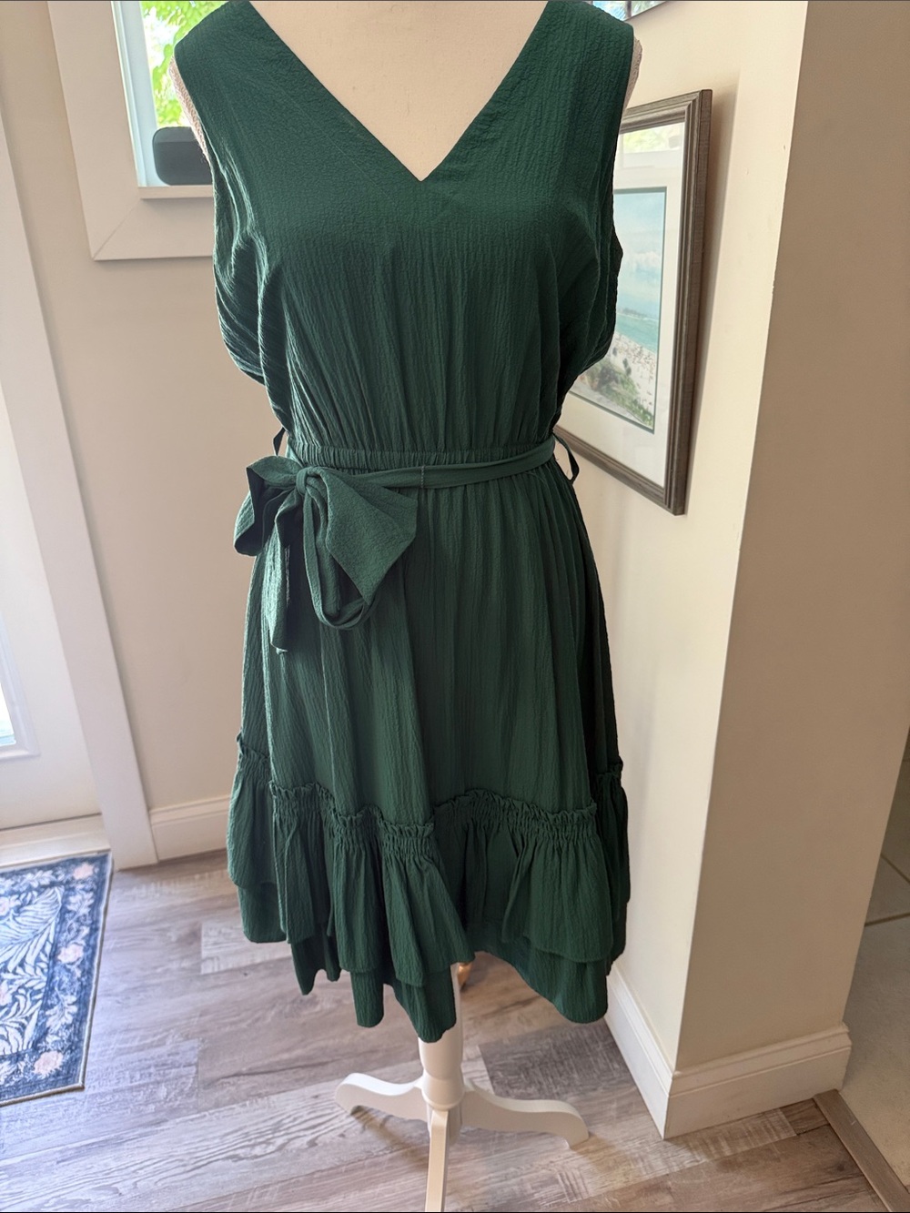 Sleeveless V-Neck dark teal Green Belted Sundress